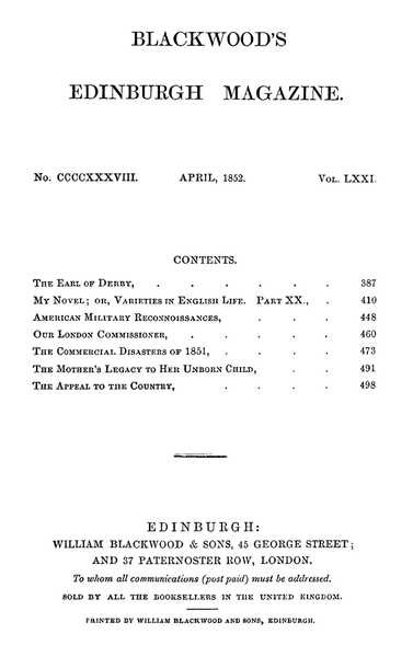 Blackwood's Edinburgh Magazine, Vol. 71, No. 438, April 1852 Blackwood's Edinburgh Magazine, Vol. 71, No. 438, April 1852