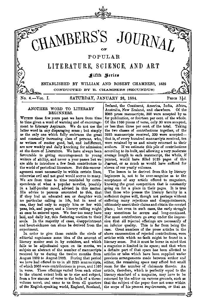 Chambers's Journal of Popular Literature, Science, and Art, Fifth Series, No. 4, Vol. I, January 26, 1884 Chambers's Journal of Popular Literature, Science, and Art, Fifth Series, No. 4, Vol. I, January 26, 1884